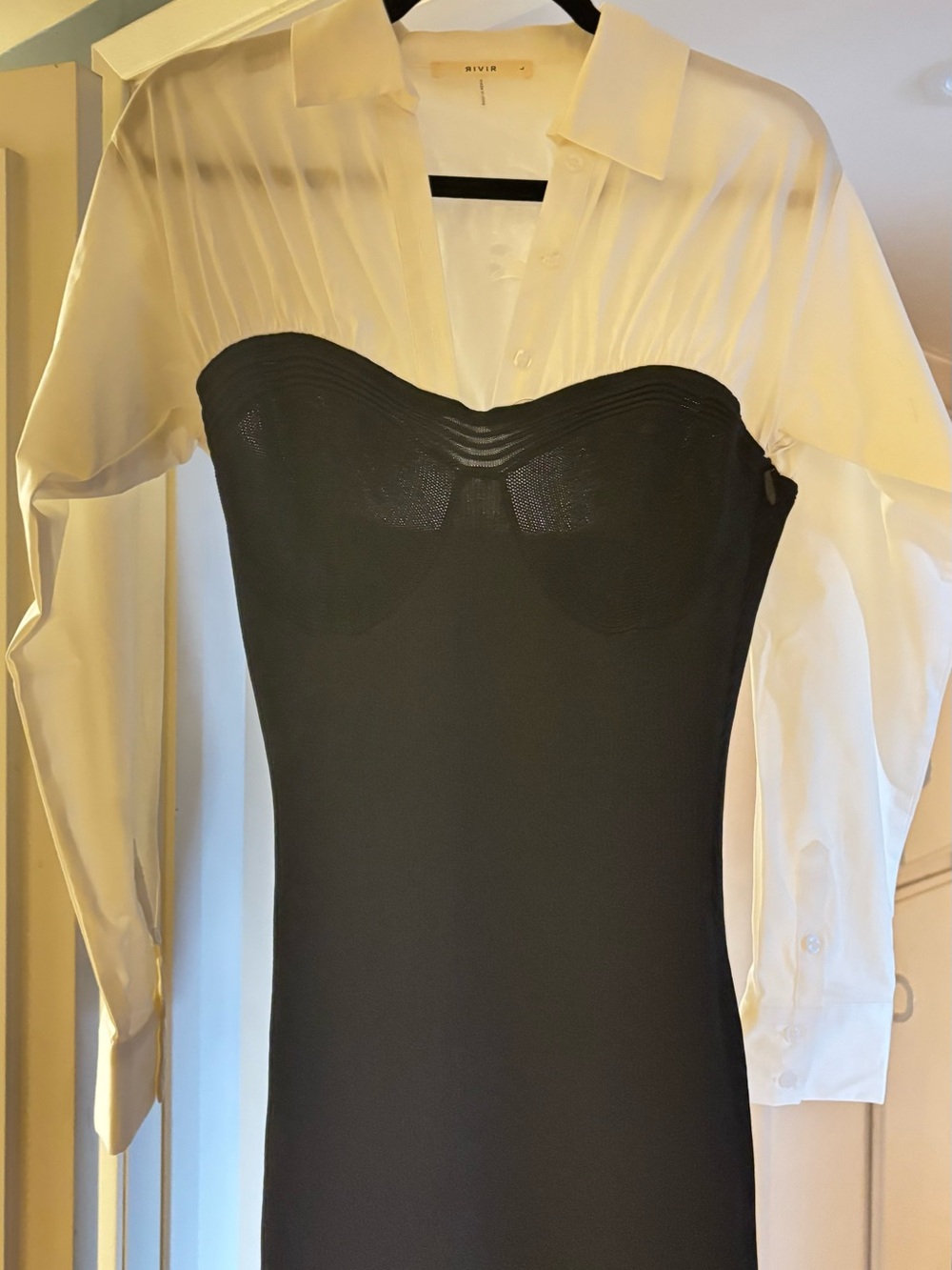 Two-Tone Black & White Long Sleeve Column Dress - Picture 7 of 7